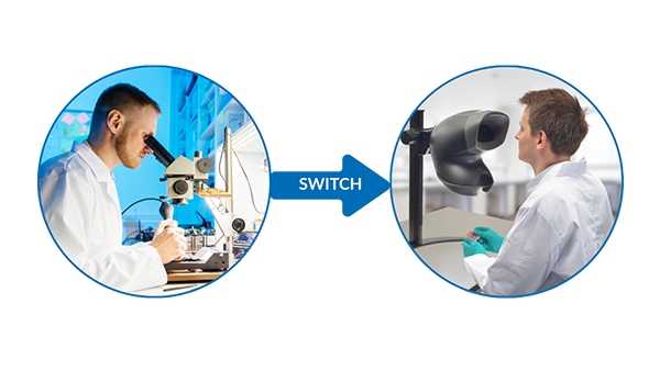 man using traditional binocular microscope, man using OPTA eyepiece-less microscope