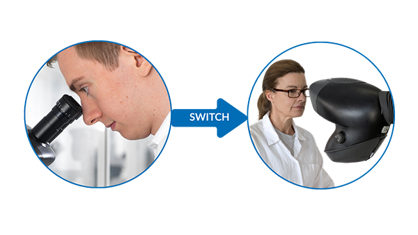Man looking through a traditional stereo microscope compared to a woman wearing glasses looking into an eyepiece-less microscope