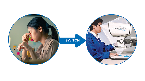 Lady with eyestrain compared to a man using an eyepiece-less microscope with no eyestrain