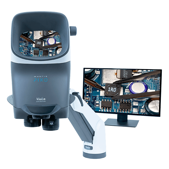 Mantis PIXO stereo microscope with camera displaying PCB on monitor
