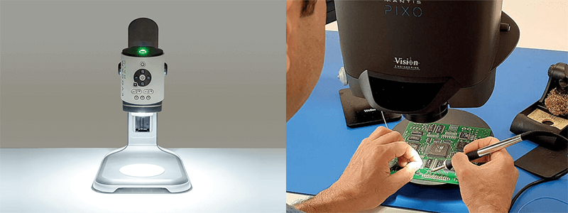 HALO feature photo next to a Mantis eyepiece-less microscope used for soldering a PCB