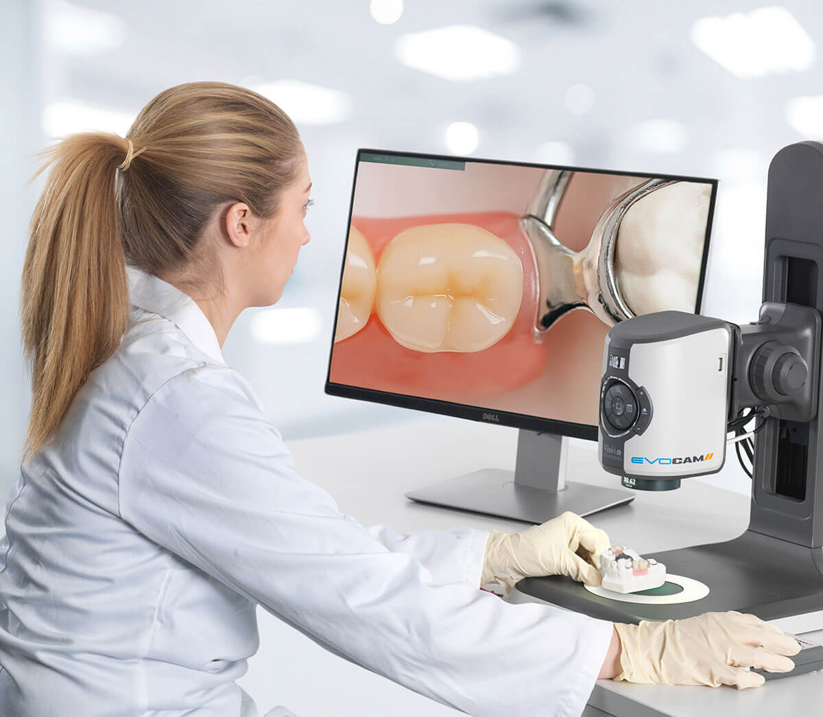 EVO Cam II digital microscope inspecting a dental retainer